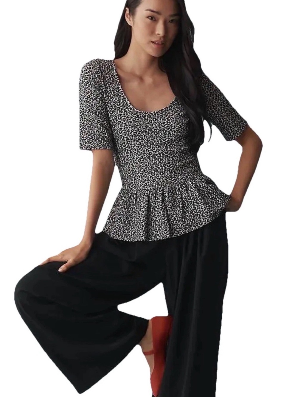 Maeve Black and White Printed Peplum Top